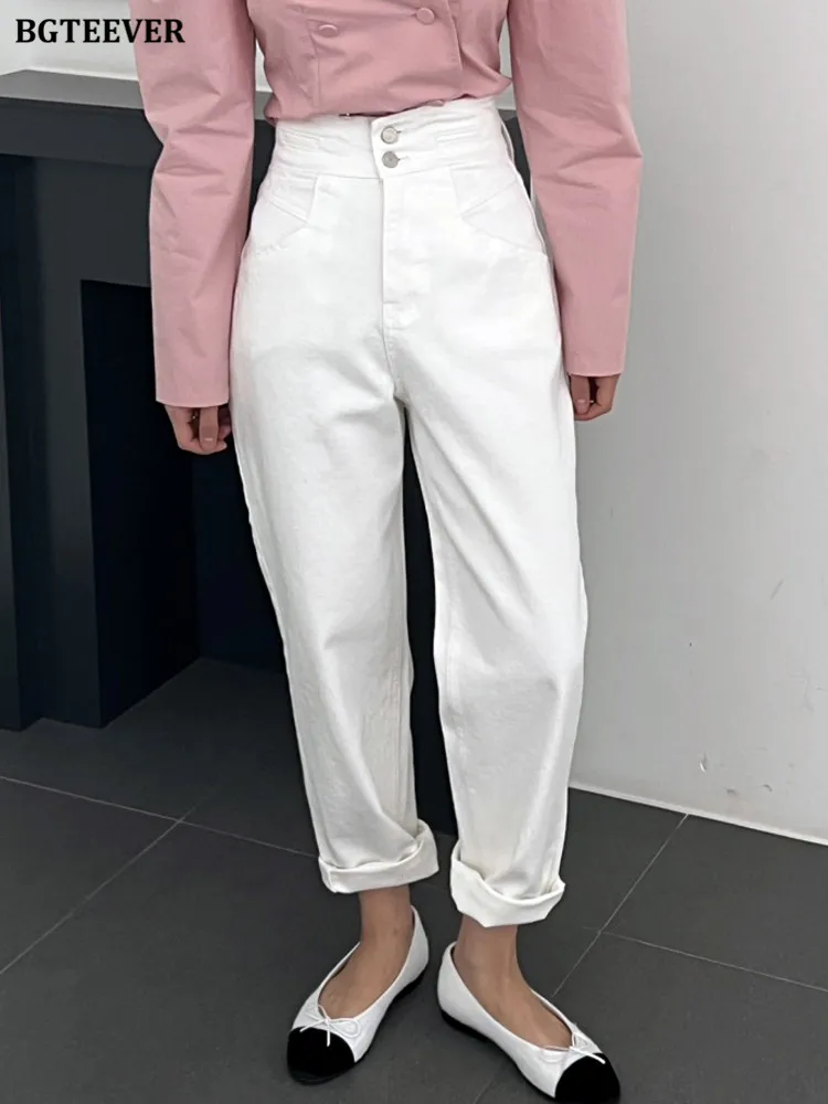 

BGTEEVER Vintage High Waist Double Button Ladies Denim Trouser Spring Summer Loose Pockets Women Harem Jeans Pants