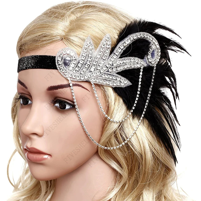

1920s Flapper Headband Roaring Wedding 20s Great Gatsby Feather Glamour Rhinestone Crystal Headpiece