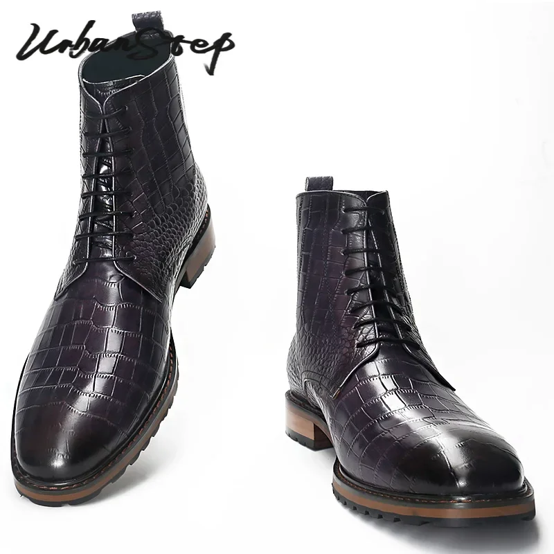 

Luxury Men Boots Gray Black Crocodile Print Martin Boots Lace-up Casual Men Dress Shoes Genuine Leather Winter Boots Men