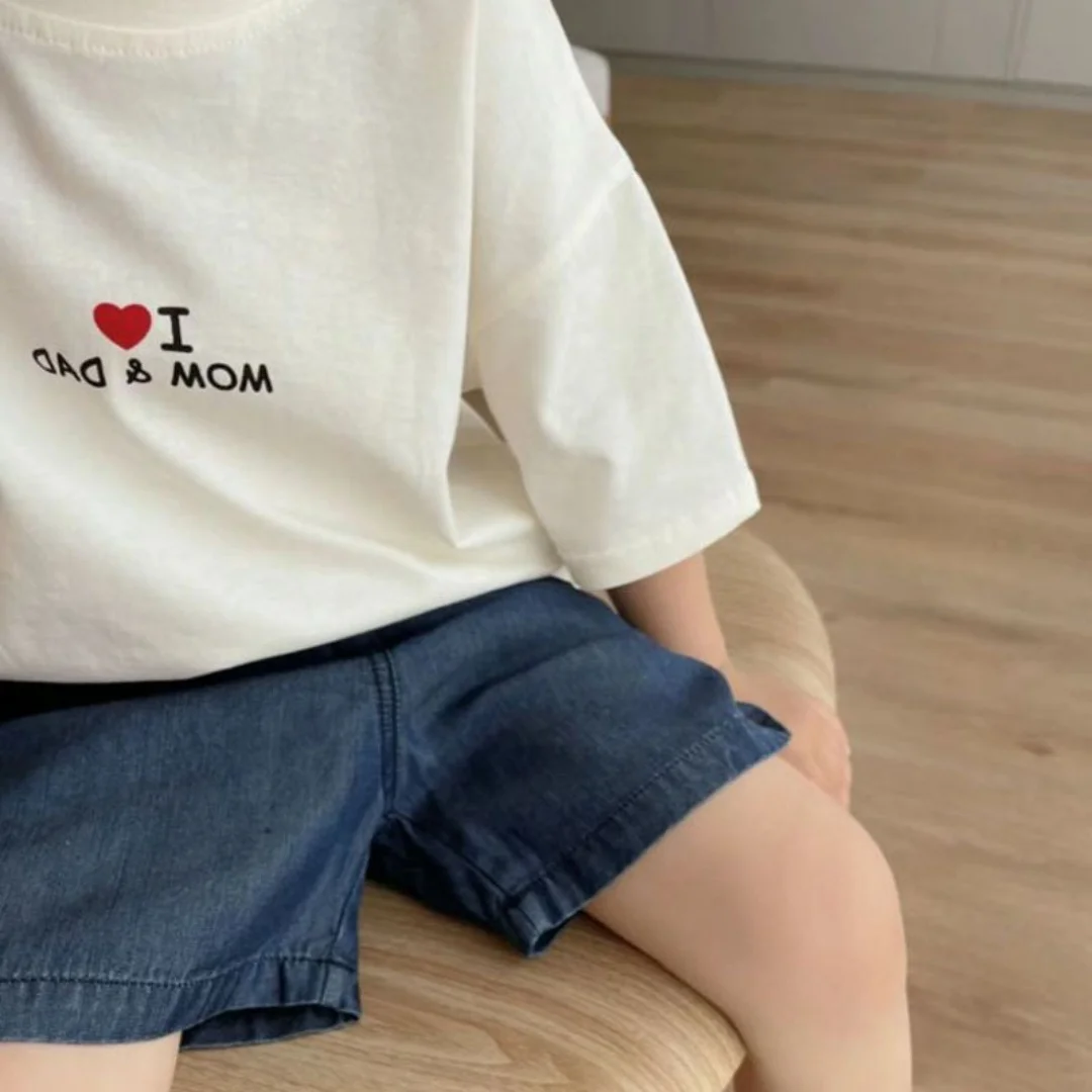 여아 및 남아 I LOVE MOM&DAD 레터 프린트 티셔츠 여름에 어울리는 여아 및 남아 심플 다용도 반팔 탑