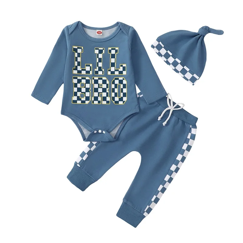 3-Piece Baby Boys Set Letter Print Plaid Long Sleeve Round Neck Romper Long Trousers Hat Outfits