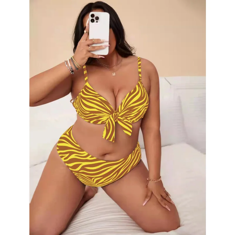 Women Plus Size Swimwear Striped Print Bow Tie Separate Bikini Two Piece Set Bathing Suit Swimwear Large Size Beachwear 0XL-4XL