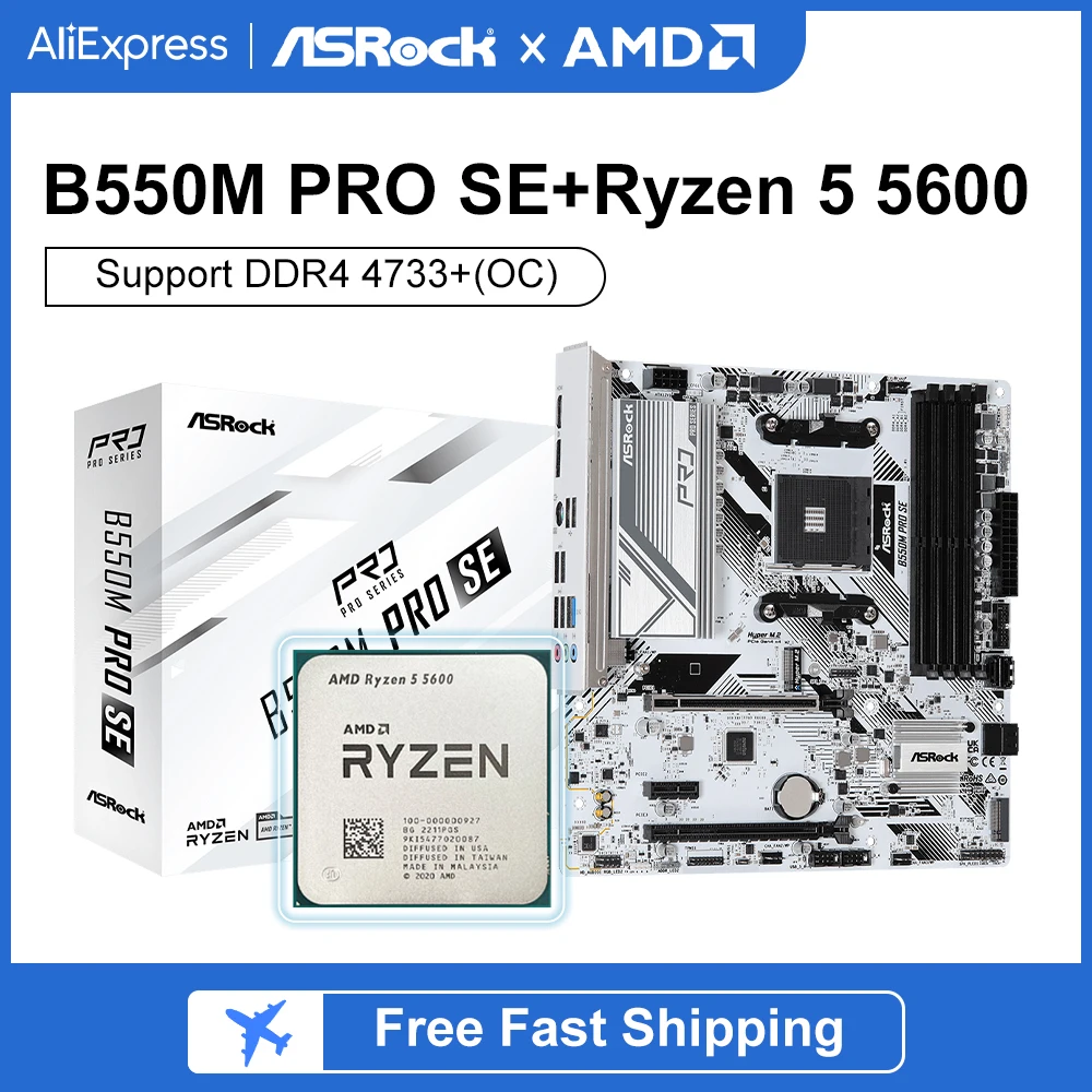 ASRock 데스크탑 M-ATX 화이트 마더보드, AMD Ryzen 5 5600 소켓, AM4 DDR4 128GB PCIe4.0 M.2 SATA 3, B550M PRO SE 