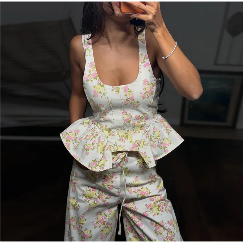 Blumendruck-Hosenset für Damen ​ Ärmelloses Crop-Top mit passender hochtaillierter Hose mit weitem Bein, 2-teiliges Set ​ Frühlingsoutfit für Damen – Detail 17