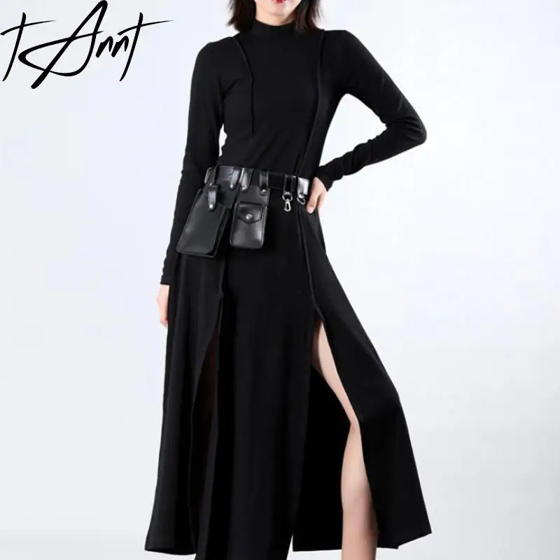 

Tannt Women Dress Split Irregular Turtleneck Knitting Sweaters Dresses Asymmetry Fashion Autumn And Winter Long Dresses 2023