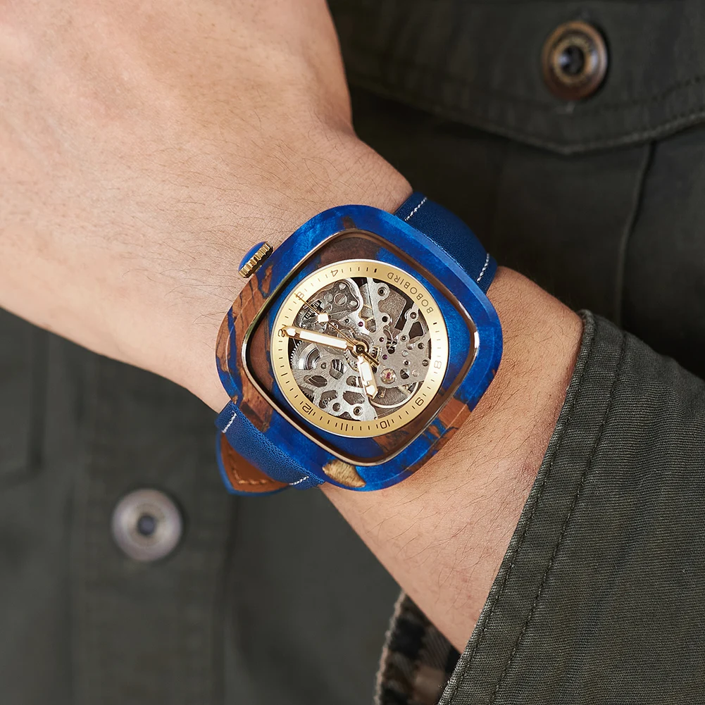 BOBO BIRD Men's Watches Mechanical Watch Wood&Resin Leather Straps Wristwatches Gift With Wooden Box For Men Custom