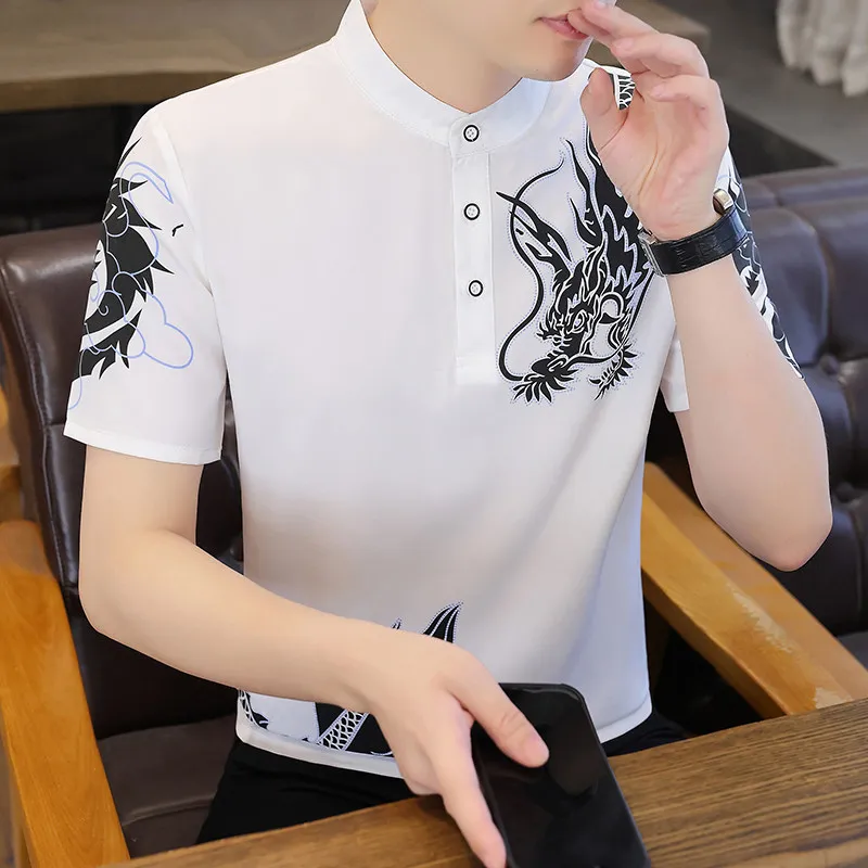 

Men's New Summer Short-sleeved POLO Shirt Stand Collar Chinese Dragon Print Ice Silk No Elastic Korean Version Slim-fit T-shirt