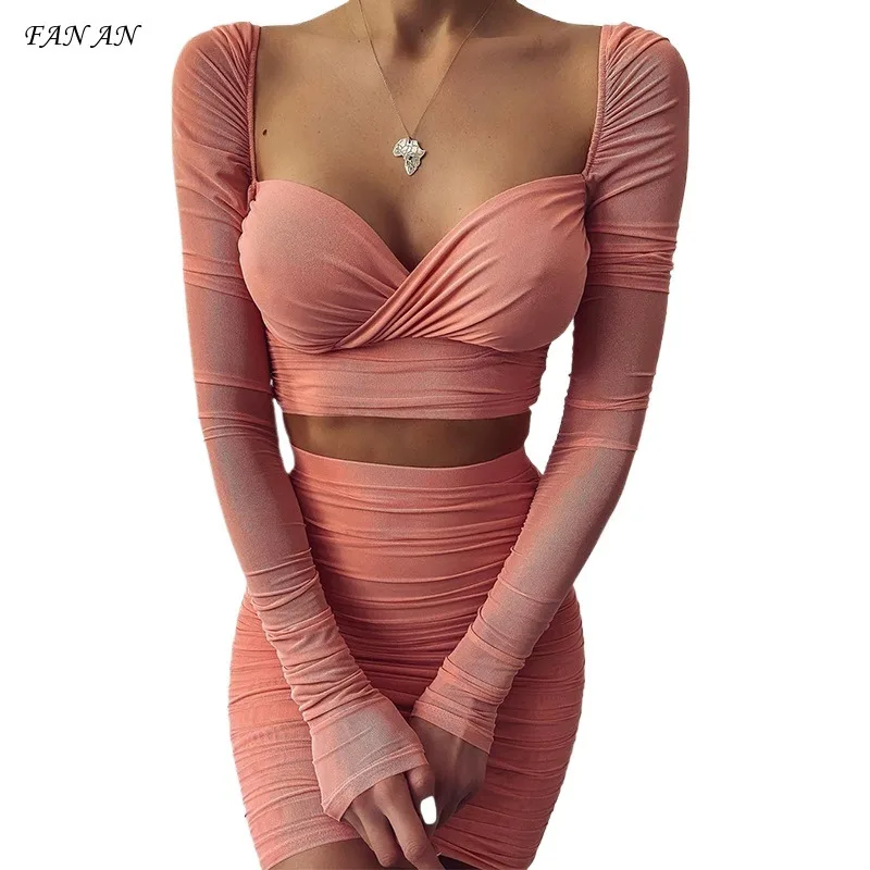 

Женский облегающий костюм из двух предметов, плиссированный пикантный Топ с длинным рукавом и облегающая юбка с открытой талией, лето-осень 2024