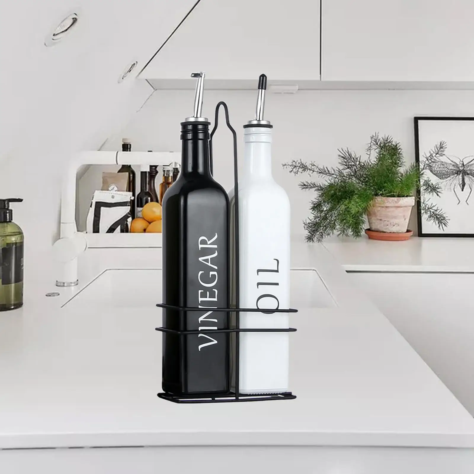 500ml 17oz Oil and Vinegar Dispenser Set with Caddy Holder Vinegar Bottle Black & White Dispenser Bottle Glass Set for Farmhouse 4