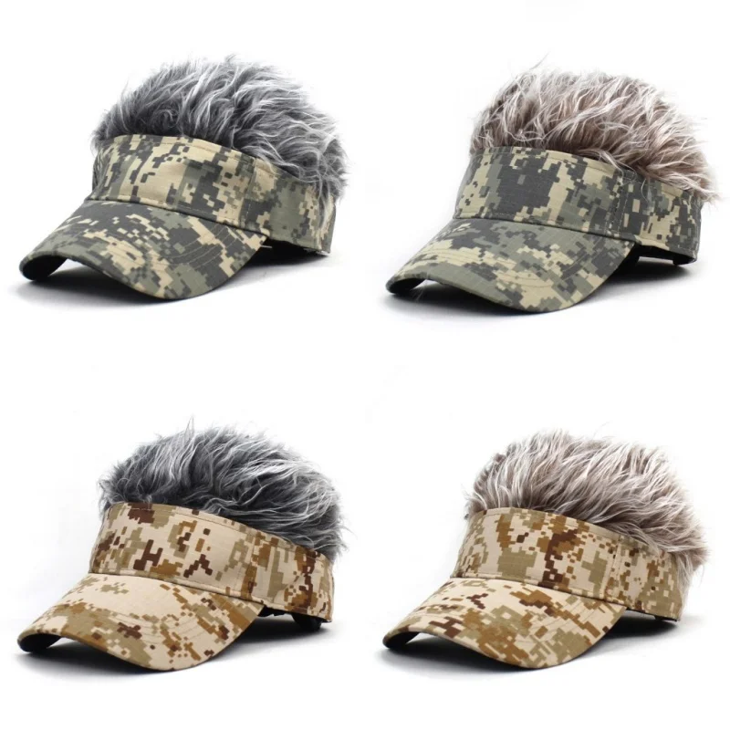 Men Baseball Cap With Spiked Hairs Wig Unisex Fake Wigs Hip Hop Sunhat Outdoor Camouflage Printed Jungle Cycling Sunshade Visors 4