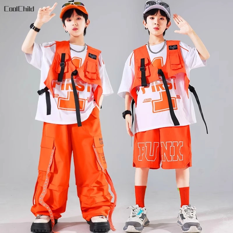 Boys Streetwear Girls Hip Hop Solid Vest T-shirt Cargo Pants Kids Street Dance Shorts Clothes Sets Children Jazz Cool Costumes kids streetwear sets