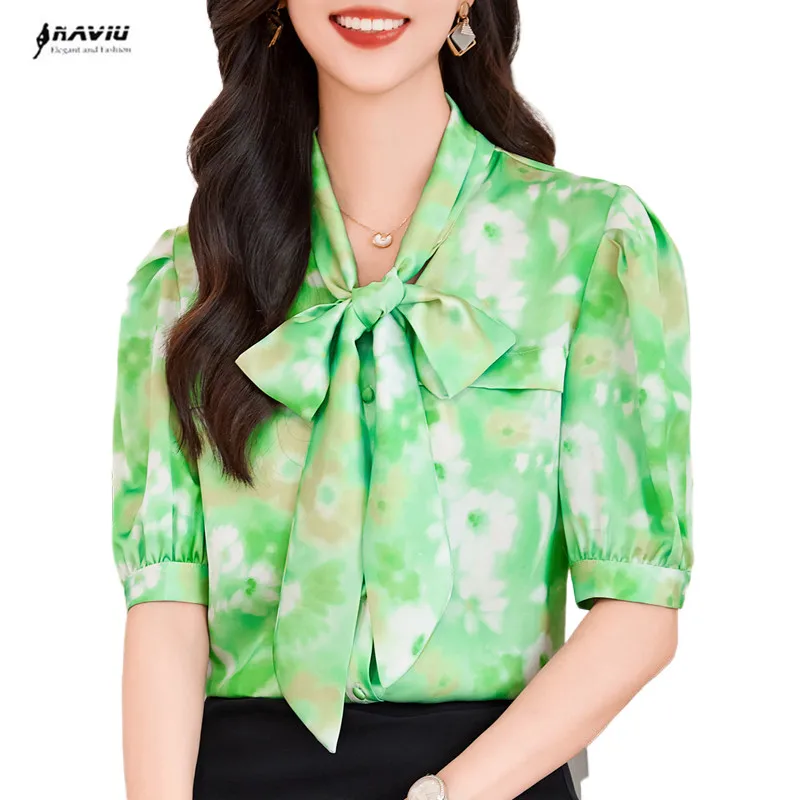 

NAVIU Fashion Print Bow Collar Green Orange Chiffon Blouse Shirt Women Tops Blusas Mujer De Moda 2024 Verano Short Sleeve Bluses