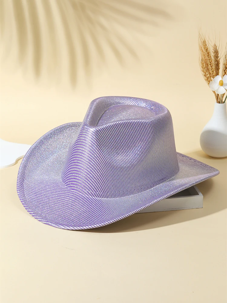 New Women Purple Cowboy Hat Western Fedora Hats Ladies Fashion Striped Cowgirls Hat Pink Party Jazz Hats Church Wedding Fedoras 2