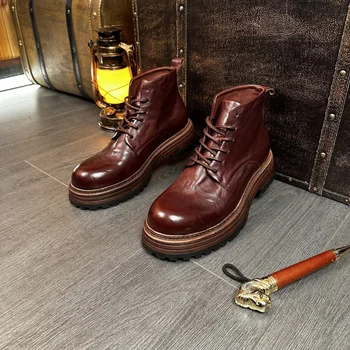 Handmade Casual Genuine Leather Thick Sole Chelsea Boots Men's Shoes Derby High Top Outdoor Hiking Western Work Boots Male