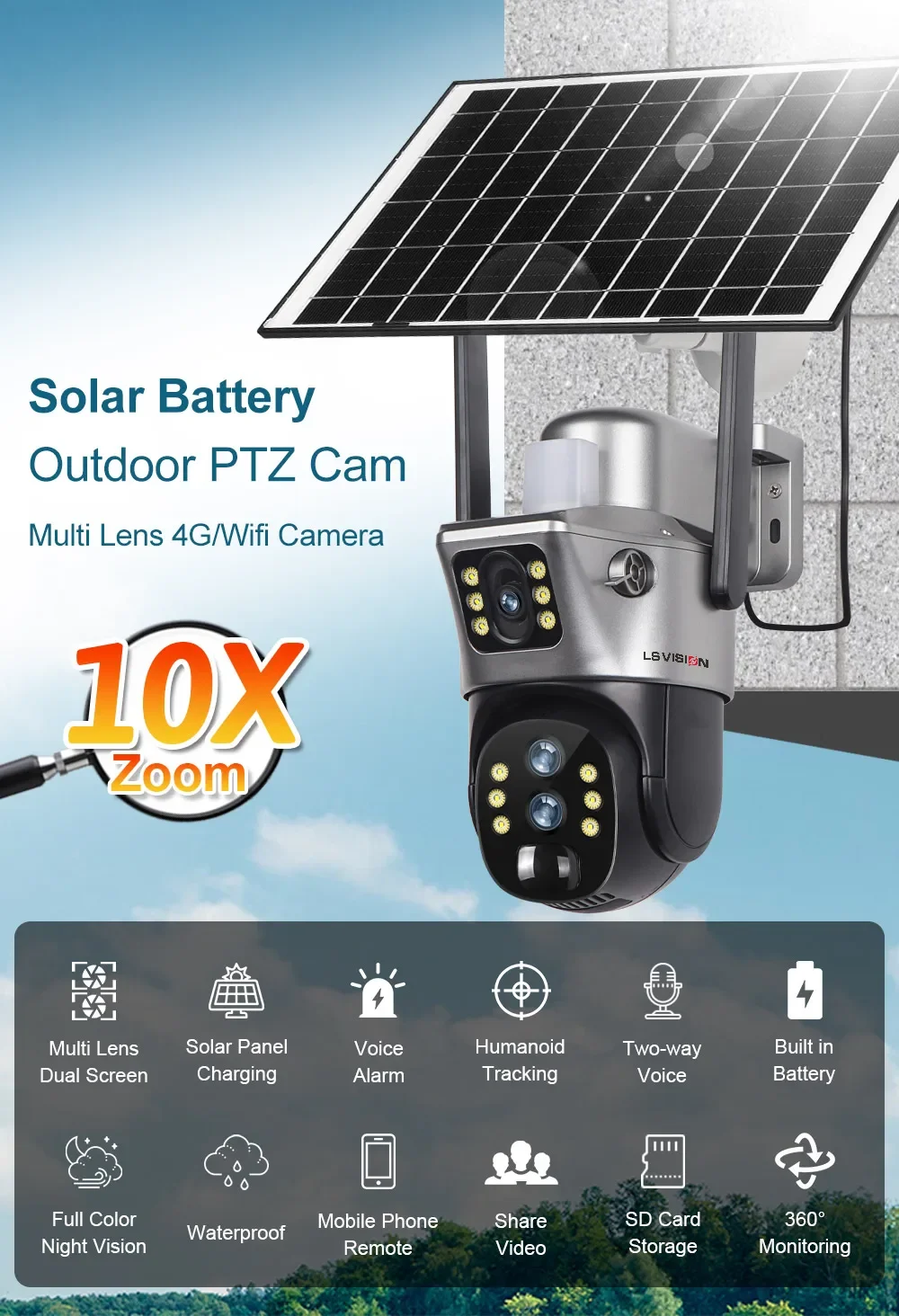 12MP Dual Screen 4G SIM Solar Camera Wifi Outdoor 10XZoom PTZ IP Camera PIR Huma