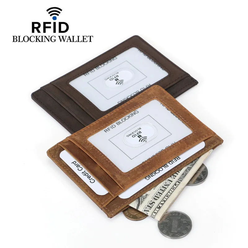 100% Genuine Cow Leather Card Holder Men Women Bank ID Card Holder Case RFID Blocking Vintage Pocket Wallet