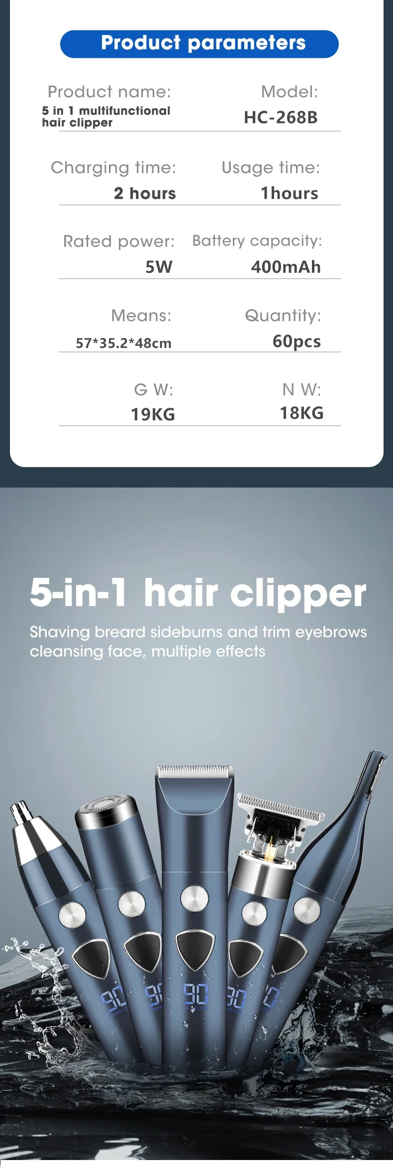 Description Picture 3 of item2023NEW Hair Clipper ! Resuxi HC-268B 5 in 1 Multifunctional Razor Set for Men, , Electric Razor, Eyebrow and Nose Hair Trimmer