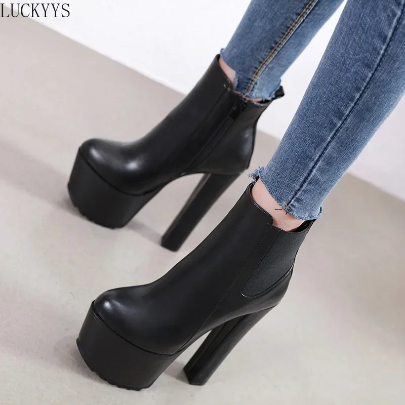 

Comemore New Arrival 16cm High Heel Women's Boot Winter Women Chelsea Ankle Boots Pipe Platform Thick Heels Women Shoes Elegant