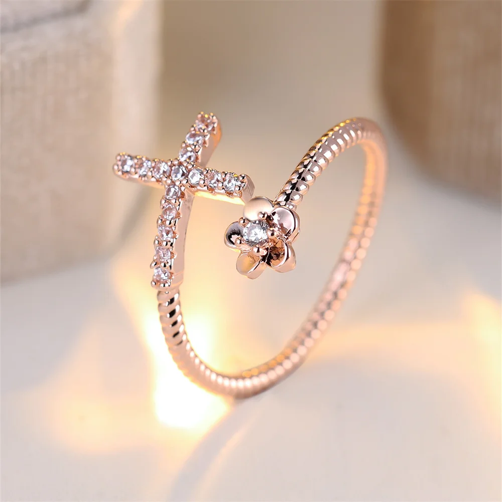 Cute Plumeria Flower White Zircon Cross Opening Ring Vintage Rose Gold Silver Color Wedding Bands Engagement Jewelry For Women