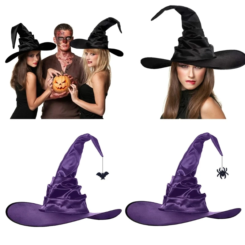 

Fashion Black Folds Wizard Hat Angled Witch Hat Black Purple Folds Wizard Hat Halloween Popular for Creative Witches Props Gift