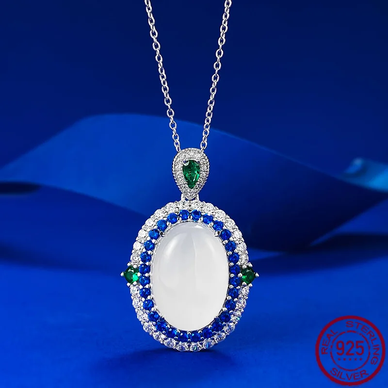 

S925 Silver Jadeite High Ice Egg Faced Jade Pendant Necklace with Artificial Sapphire for Women, Wedding Gem