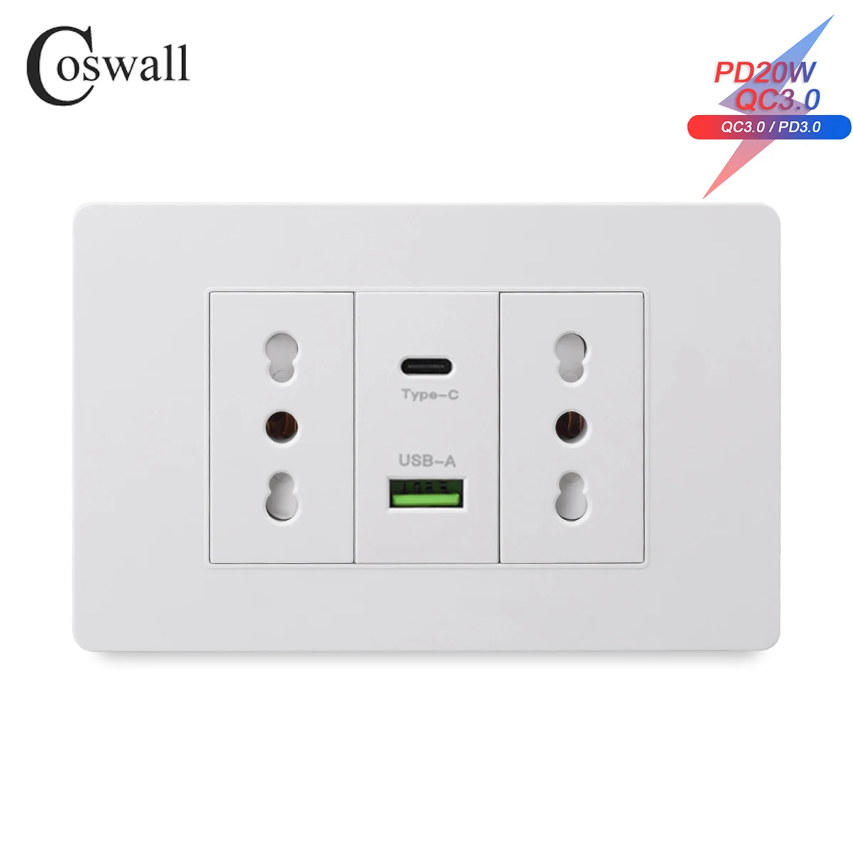 Coswall White 118 Series PC Panel Italian / Chile Standard 16A Wall Power Socket Dual USB Type-c PD 3.0 20W Fast Charging