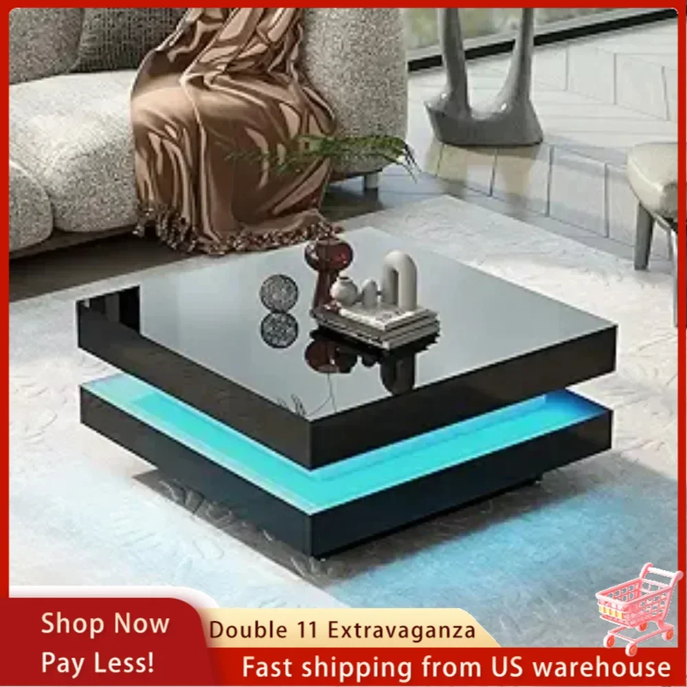 Coffee Table Modern Minimalist Design High Gloss 31.5 Inch 2 Tier Square with Plug-In 16 Color LED Lights Caf&eacute; Tables