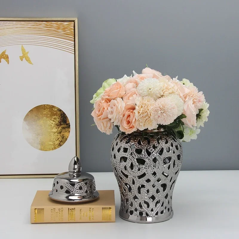 Chinese Hollow Ginger Pot Silver-plated Handicraft Ornament Dried Flower Flower Arrangement Accessories Decorative Storage Tank 5