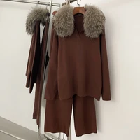 Reality Fur Jacket Pullover Set Woman Spring Knitted Suit Knitwear Female Real Fox Fur Collar Sweater Lady Autumn Knitted New - Image 3