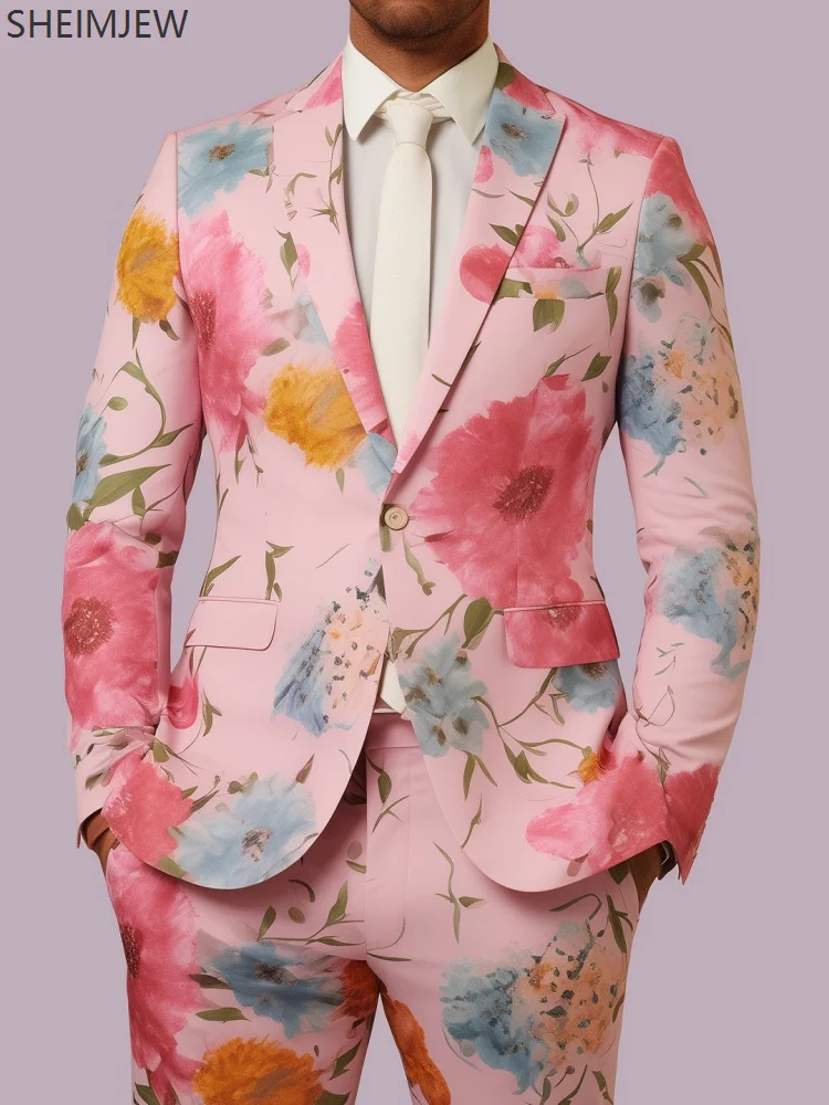 Fashion Colorful Flower Slim Men Suit Plant 3d Printing Casual Wedding Valentine's Day Jacket Pants Party Performance Set