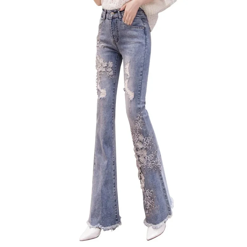Heavy Industry Embroidery Jeans Female 2023 Spring New High Waist Pant Raw Edge Beaded Slim Pants Flared Jeans Fashion Hole LA88