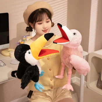 35CM Funny Cartoon Animal Hand Puppets Stuffed Doll Simulation Toucan Parrot Bald Eagle Peacock Flamingo Owl Toys Family Gather