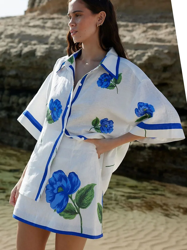 2 piece Skirt Set Women Set Spring Summer Loose Floral Printed Blouse Shirt And Mini A-line Skirts Loose 2 Pes Sets For Female