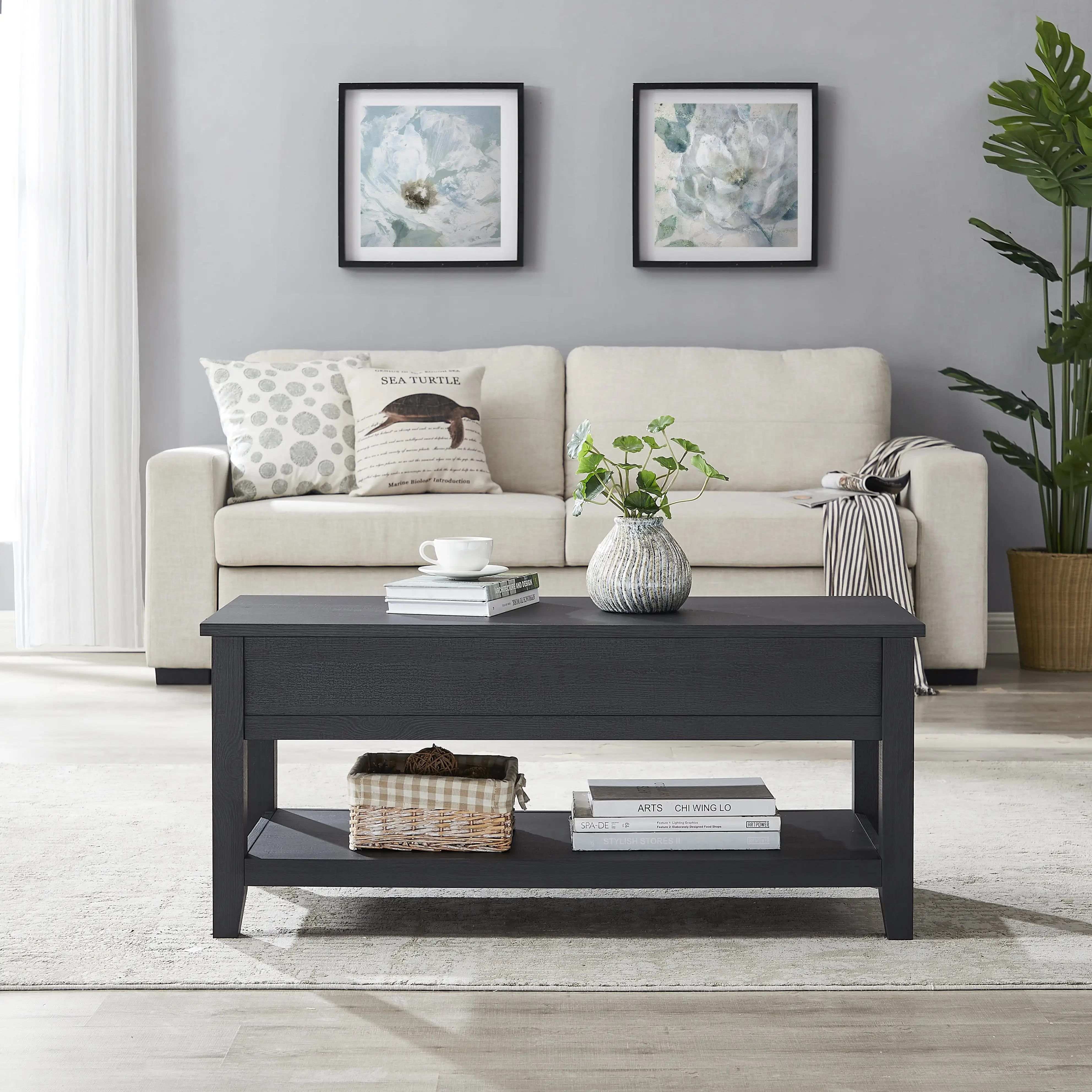 Lift Top Coffee Table with Storage Shelf, Black wood finish 2