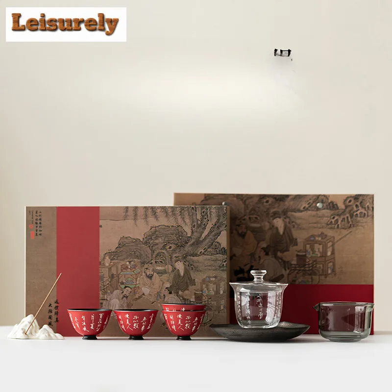 Chinese Poetic Prose Glass Tea Set Complete Boutique Tea Ceremony Set Teapot And Tea Cup Set Tea Supplies Decoration Gift Box