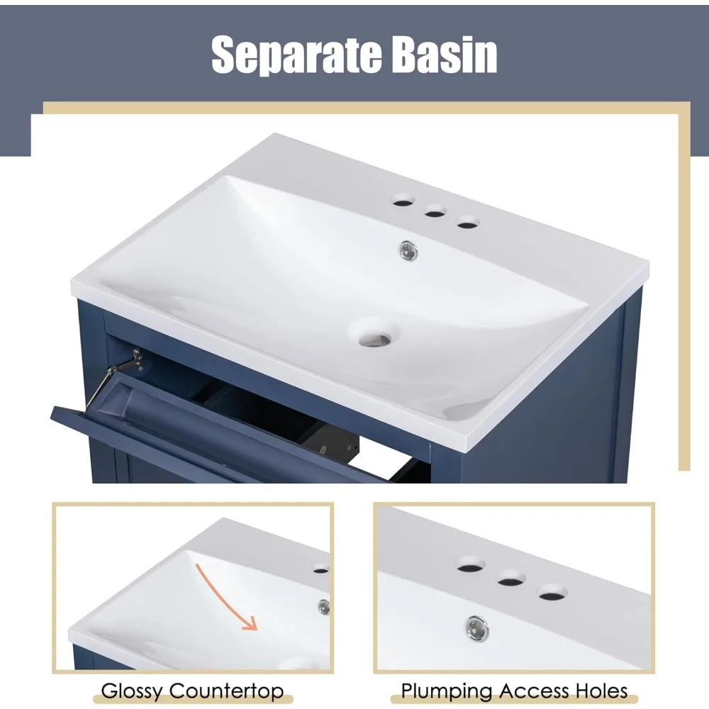 24" Bathroom Vanities with Ceramic Single Sink Combo, Modern Undermount Bathroom Sink Cabinet with 2 Drawers & Open Self 4