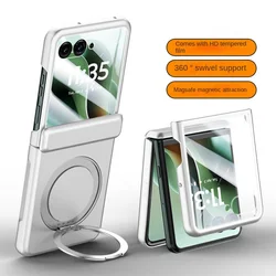 Premium Magnetic Metal Holder Case with Tempered Glass Protection and Spring Hinge Cover for Motorola Razr 60 Ultra (Silver HD Glass)