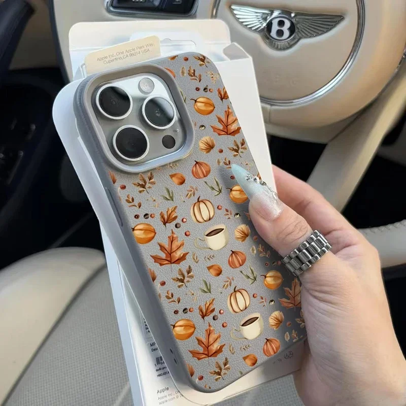 Autumn Leaf Pumpkin Coffer Leather Phone Case