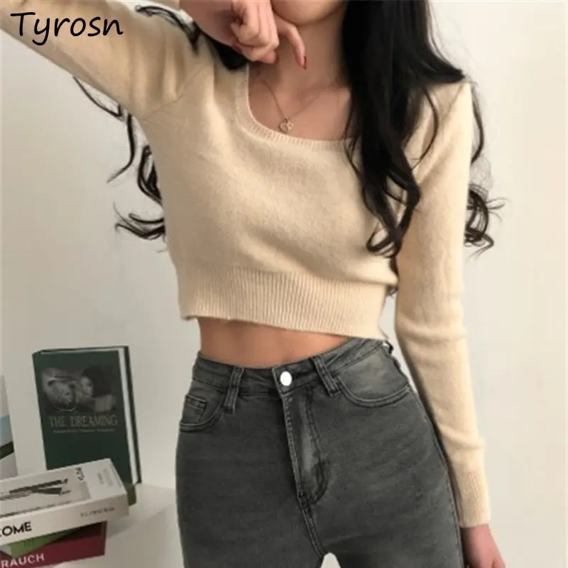 

Pullovers Women Minimalist Pure Slim Sexy Cropped All-match Autumn Korean Style Basic Sweater Stylish Casual Hot Girls Classic