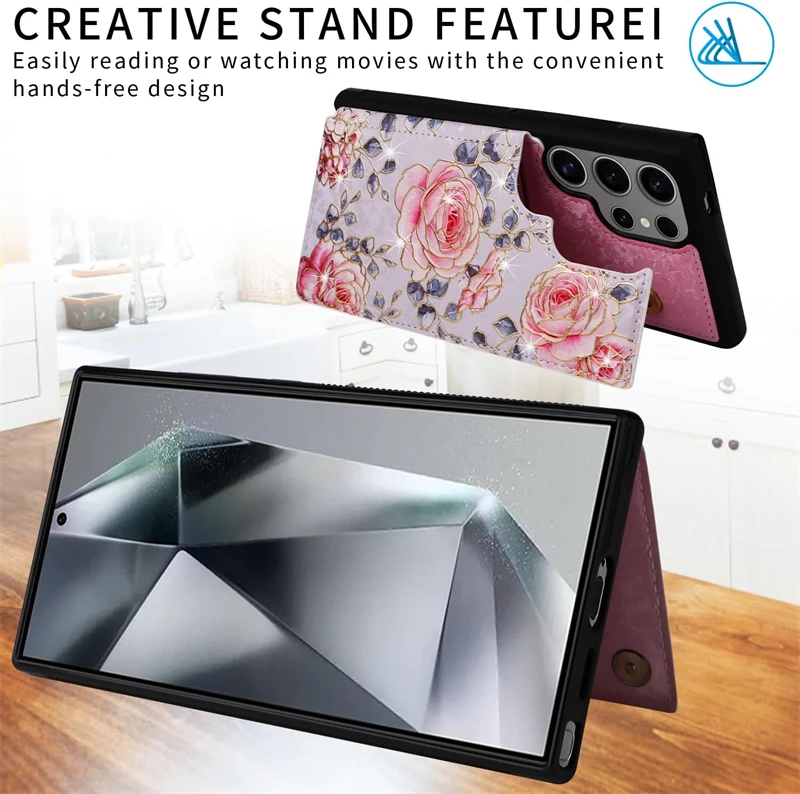 Floral Wallet Card Holder Flip Leather Case with RFID Blocking Technology