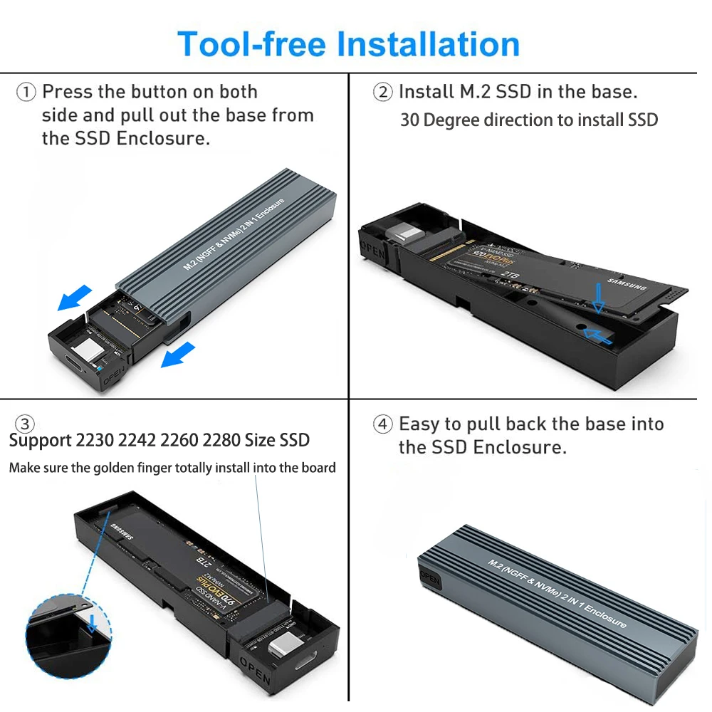 Dual Protocol M.2 SSD Enclosure M.2 NVMe to USB 3.1 Gen2 10Gbps Adapter Aluminum Reader Case with Heatsink
