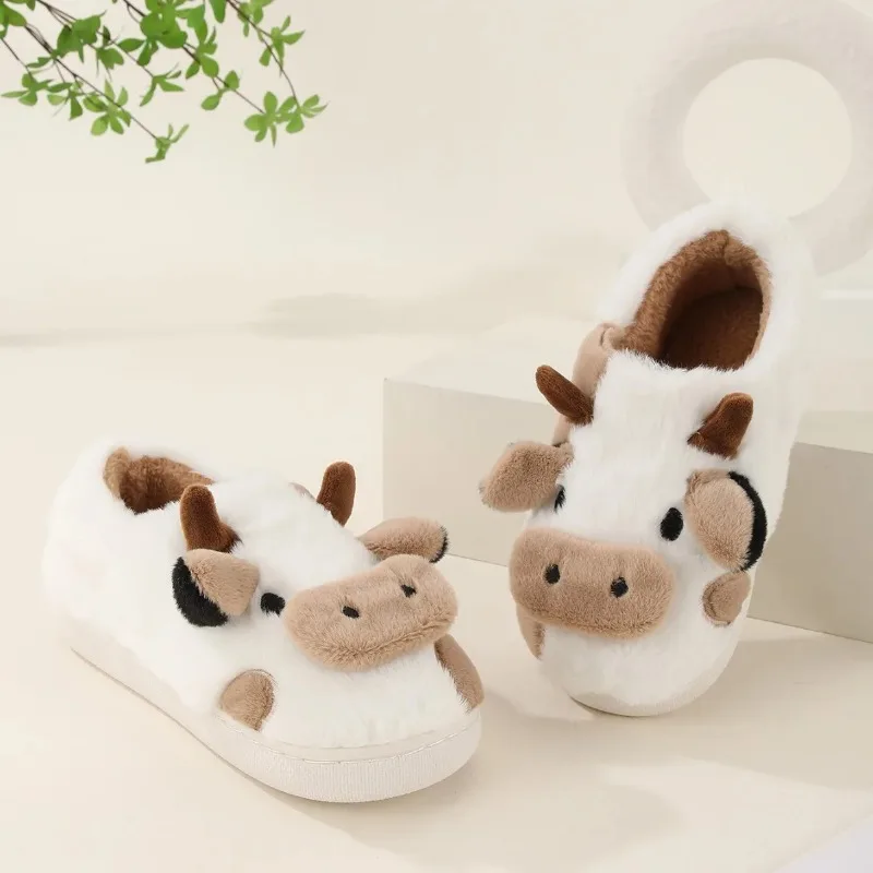 1-Pair Plush-Lined Winter Slippers with Cow Print - Non-Slip Indoor House Shoes for Couples, Unisex Soft  Cotton  Comfort