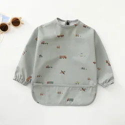 Erduo Waterproof Long Sleeve Baby Bib with Soft Cloth Fabric - M  12-36 months (Green Toy Car)