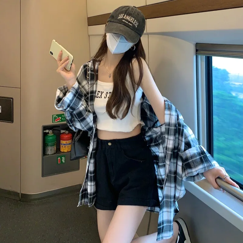 캐주얼 Bf 스타일 폴로 칼라 격자 무늬 셔츠 레저 여성 블라우스 클래식 버튼 ..