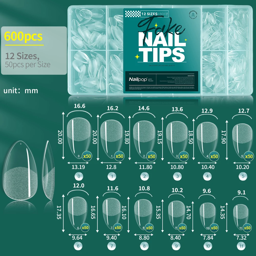 Soft Gel Nail Tips - Pre-Buff Full Cover Coffin, Almond, and Oval Shapes (600 Pieces)