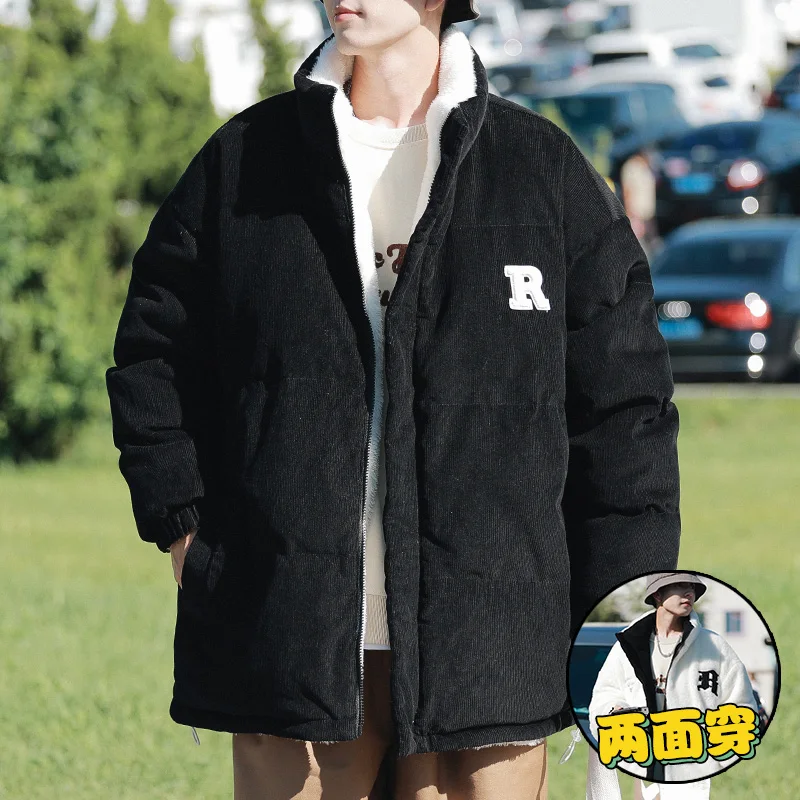 

Winter Oversized Parka Men Cotton Coat Lamb Wool Thickened and Warm Both Sides Wear Unisex Couple Standing Collar Parkas