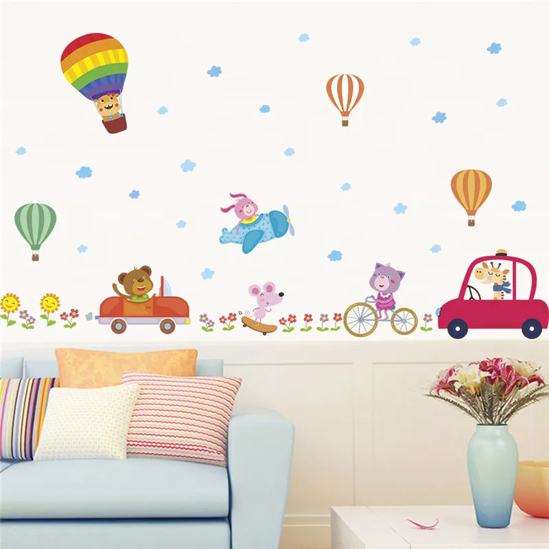 

Lovely Animal Travelling Wall Sticker For Kindergarten Kids Room Home Decor Bear Mouse Safari Cars Balloon Bike Mural Art Decal