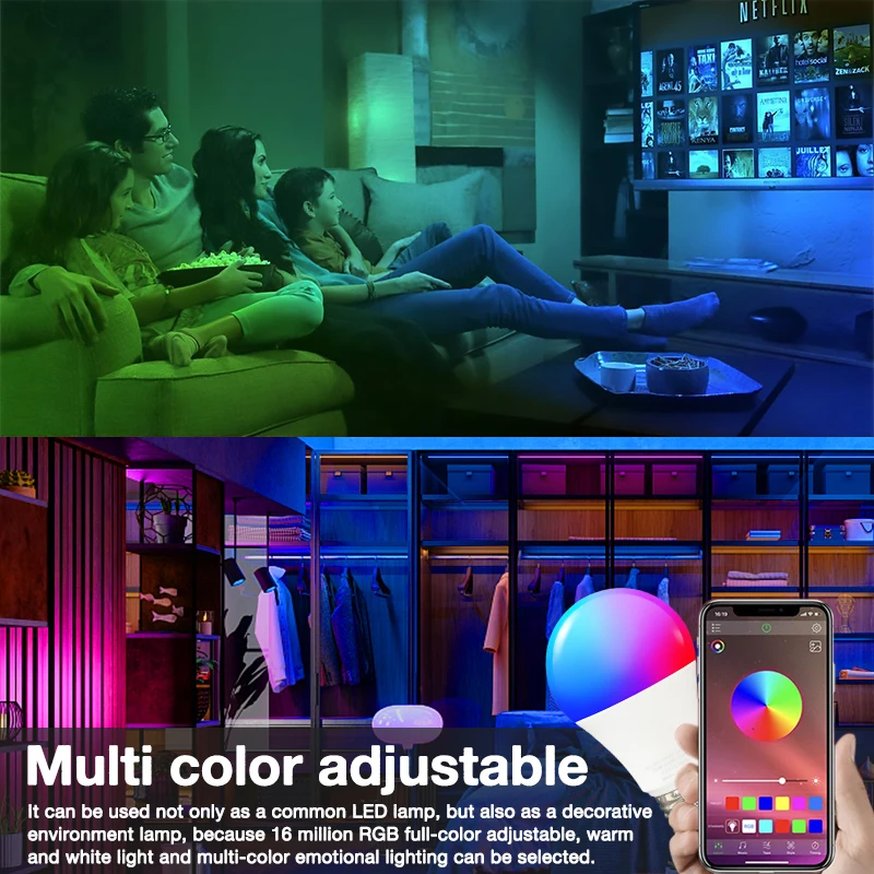 15W WiFi 스마트 전구 E27 LED RGB 램프 Alexa, Google 홈 100-240V RGB + 화이트 디밍 가능 타이머 기능, 색상 전구