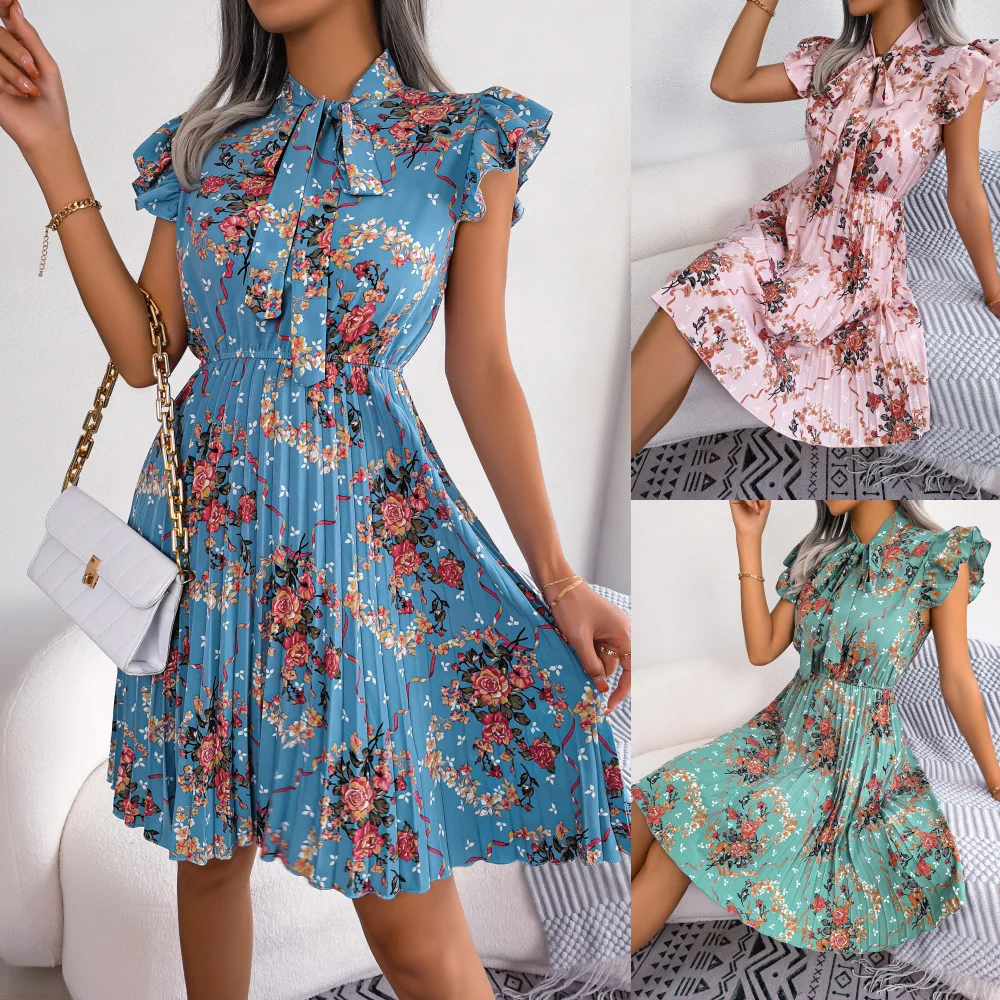 

Women Elegant Bow Neck Butterfly Sleeve Floral Print Elasticity Waist Spring Summer A Line Dress