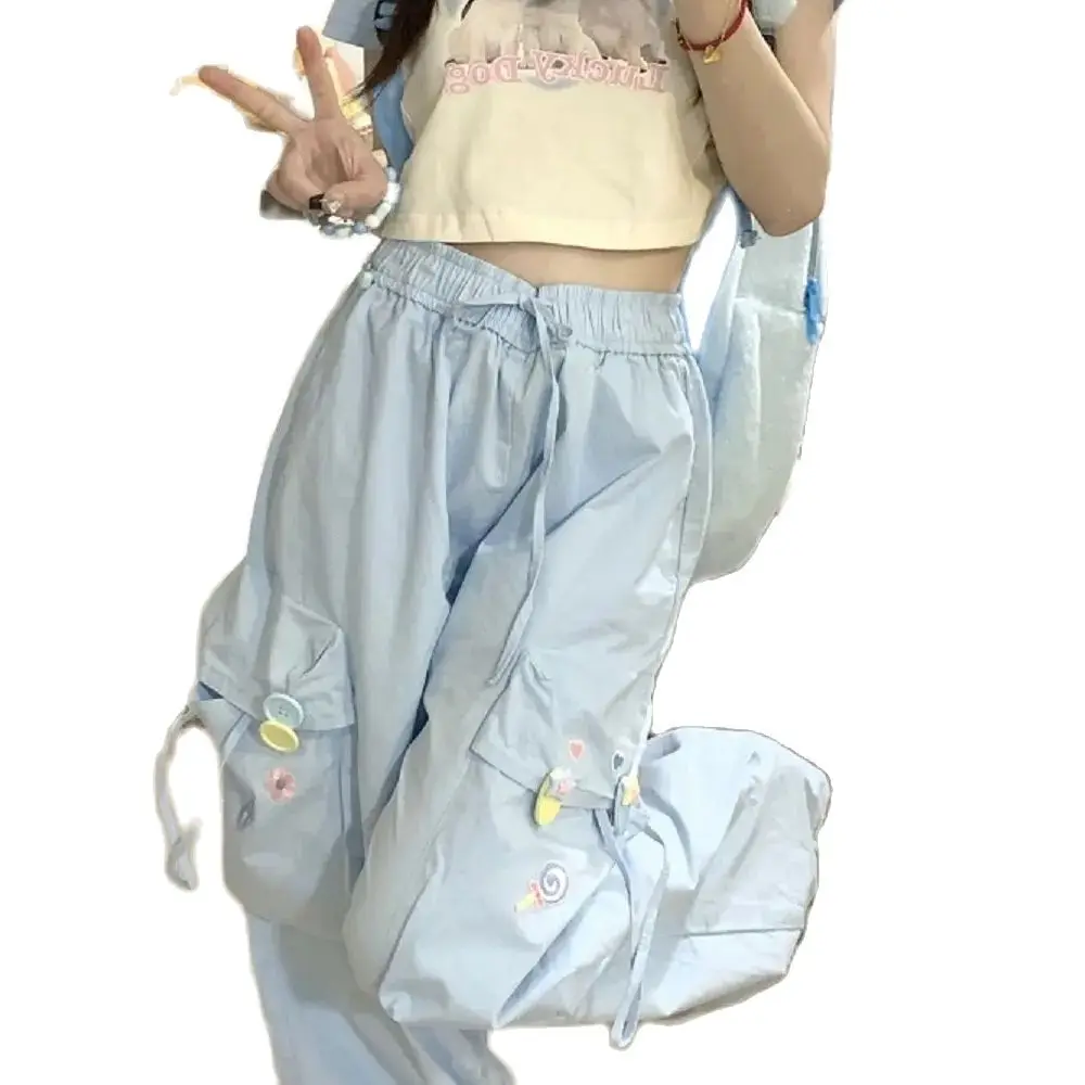 Cargo Pants Multi Pocket Blue Sweet Japanese Versatile Trend Casual Trousers Women Summer High Waist Loose Wide Leg Cargo Pants